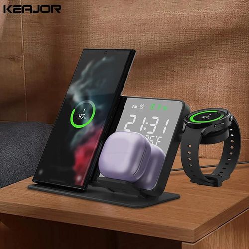Chargeur Sans Fil 3 En 1 Pour Samsung Galaxy Watch 6 5 Pro, Station De Charge Rapide Pour Galaxy S24 S23 S22, Réveil, Support De Charge Black