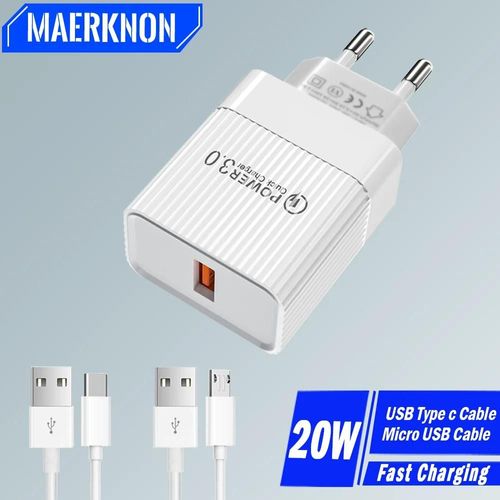 Chargeur Usb 20w, Charge Rapide, Adaptateur De Téléphone Portable Qc 3.0 Pour Huawei Samsung, Câble Micro Usb, Prise De Chargeur Rapide Eu White 1m Tc Cable