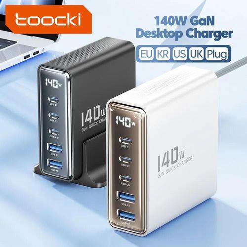 Toocki-Chargeur Usb Gan 5 En 1 De 140w, Charge Rapide, Type C, Affichage Led, Pour Ordinateur Portable, Smartphone, Iphone, Xiaomi Eu Black