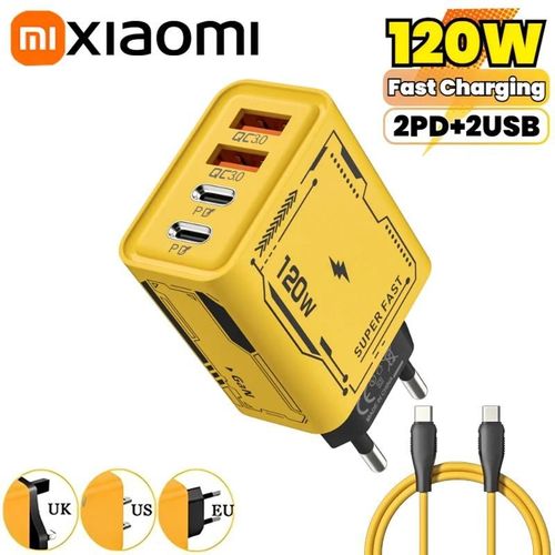Xiaomi 120w 4-Ports Charge Ultra Rapide Type-C Gan Chargeur De Téléphone Usb-C Qc 3.0 Super Charge Mech-Wind Adaptateur Pour Iphone Samsung 120w Eu Charger