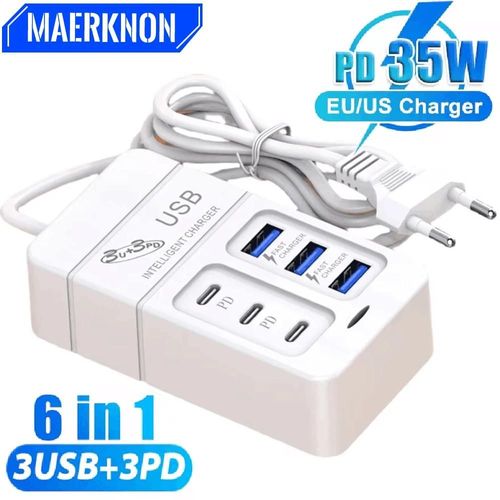 Chargeur Usb 6 En 1 Multi-Ports 35w, Charge Rapide Pour Téléphone Portable, Adaptateur Hub Usb, Prise Ue/Us/Uk, Chargeur Rapide Usb Type C 6usb White Eu