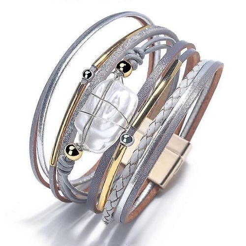 Bracelet Pour Femmes Wrap Multi-Couche Bracelet En Cuir Fermoir Magnétique Manchette Bracelet Bijoux (Argent)