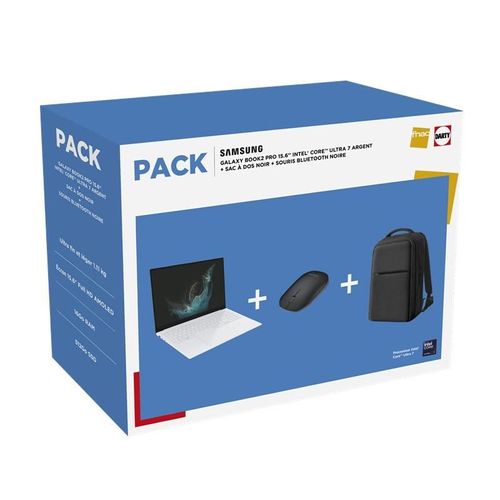 Samsung Pack Galaxy Book2 Pro NP950XGK 15,6' Full HD Intel® Core Ultra 7 16 Go RAM 512 Go SSD Argent + Sac à dos Noir + Souris sans fil Bluetooth Noir