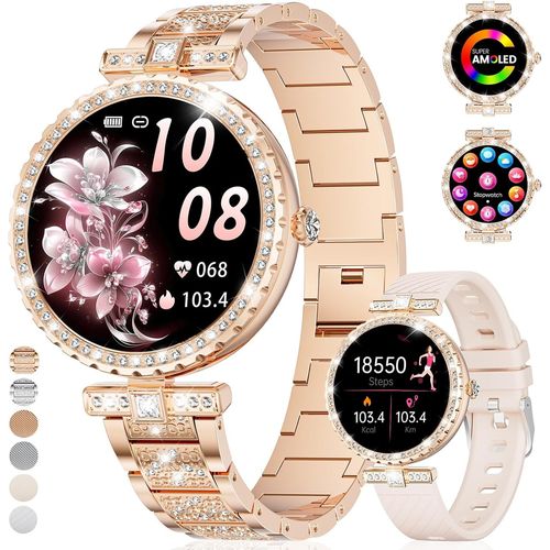 Montre Connectée Femme Ronde,1,19"" Amoled Smartwatch Femme Avec Appel Bluetooth, Fonction Féminine Ip68 120+ Modes Sportifs Podometre Fitness Tracker, Diamond Montre Femme Connectée Android Ios