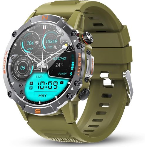 Montre Connectée Homme Smart Watch Militaire Robuste Et Étanche Avec 1,43"" Amoled, Cadeau Homme Smartwatch Avec Podometre 410mah Batterie, 120+ Modes Sport, Compatible Android/Ios (Vert)