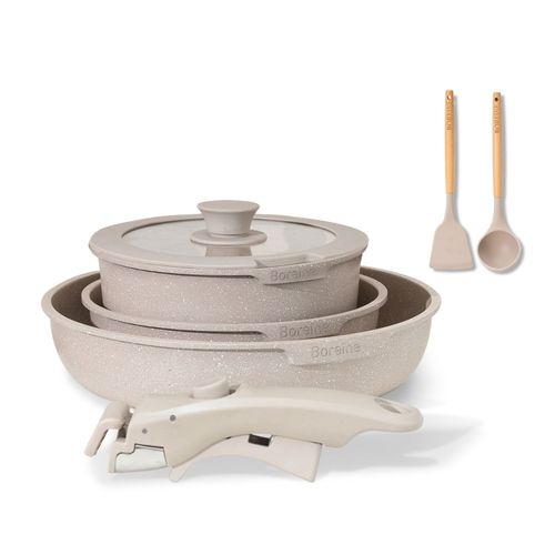 Boreine Batterie De Cuisine Induction, Set Casserole Et Poele Tout Feux Avec Couvercle, Lot Empilable Avec Poignée Amovible, Antiadhésif, Compatible Lave-Vaisselle (Marron 7 Pce)