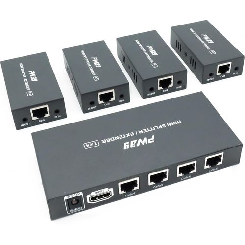 Pw-Hts0104Ir(Poc) Extendeur Répartiteur Hdmi Port 1X4 Sur Câble Ethernet Cat5E/Cat6 Avec Télécommande Ir Pas De Délai Jusqu'À 60 M (196 Pieds) Et Résolution Jusqu'À 1080P À 60 Hz ([YIN4183357]
