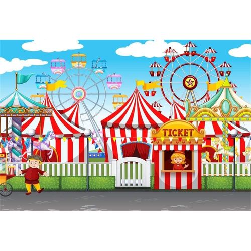 1,5X1M Vinyle Toile De Fond Cirque Fête Foraine Cour Récréation Des Tentes Billetterie Carrousel Grande Roue Fond Studio Bannière Photo Party Vidéo Enfant Photobooth Accessoires Ph[YIN4184858]