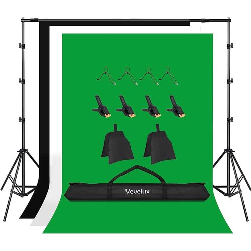 2,6X3 M Système De Support Fond Photo Kit, 2 X 3 M Toile De Fond Blanc Noir Vert + 8 Pcs Pince Avec 2 Sacs De Sable Et 1 Sac De Transport Pour Portrait Photo Studio Vidéo[YIN4186491]