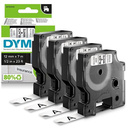 Dymo Lot De 4 Cassettes Ruban D1 Noir Sur Blanc 12mm X 7,0 M