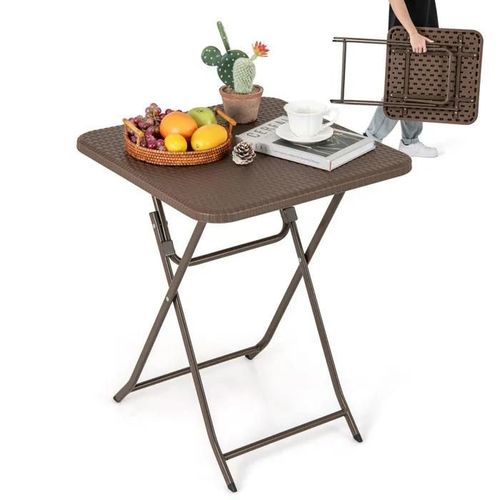 Costway Table Pliable Carrée De Jardin 60 Cm, Plateau En Rotin Texturé En Pehd, Plateau En Métal, Poignée De Transport