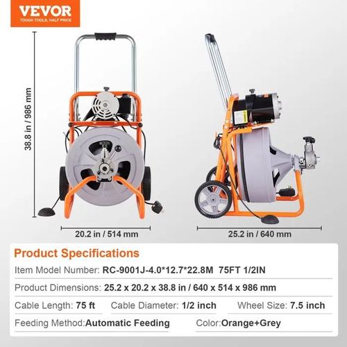 Machine de Déboucheur Canalisation-VEVOR-75FT x 1/2 Pouces-Tarière de Drainage à Alimentation-pour Tuyaux de 2" à 4