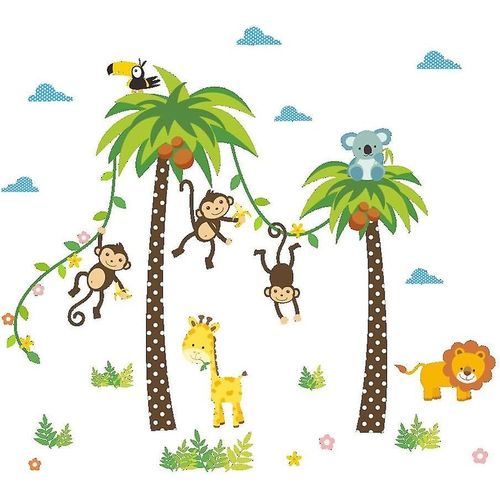 Stickers muraux jungle pour chambre d'enfant - Décoration lion, singe et palmier pour chambre d'enfant - Faciles à appliquer et à retirer