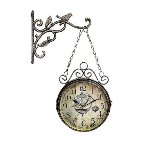 Horloge murale élégante à double face en forme d'oiseau en fer - Décoration numérique rétro à suspendre pour la maison, le café et le restaurant