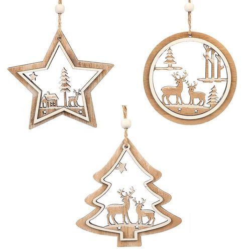 Lot de 3 décorations de Noël rustiques en bois en forme de renne - Décoration écologique pour sapin, table et cadeaux