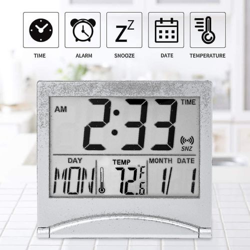 Réveil de voyage numérique portable avec grand écran, fonctionne sur piles, fonctionnement silencieux et fonction thermomètre