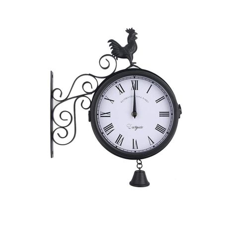 Horloge murale double face en fer forgé avec carillon éolien ¿ 30 x 37 x 9 cm, décoration d'extérieur, style rétro pour jardin et maison