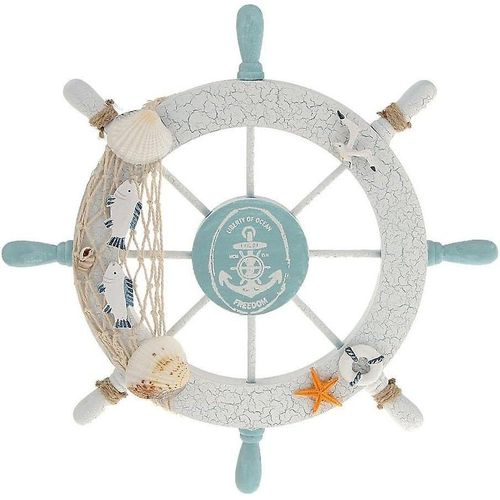 Décoration murale en bois représentant une roue de bateau pirate avec ancre, coquillage, filet de pêche, étoile de mer et bouée de sauvetage