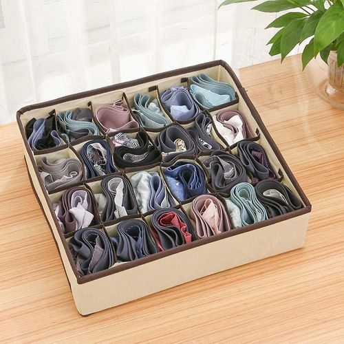 Lot de 2 boîtes de rangement pliables pour sous-vêtements avec 24 compartiments - Pour ranger chaussettes, soutiens-gorge et accessoires - Beige/Gris