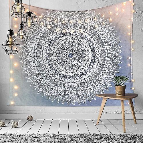 Tapisserie murale bohème à fleurs grises et bleu marine ¿ Art mandala indien pour décoration intérieure, couverture de plage et plus encore