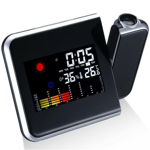 Réveil à projection avec fonction répétition, affichage LED, température et humidité, alimenté par batterie ou USB - Élégant et fonctionnel