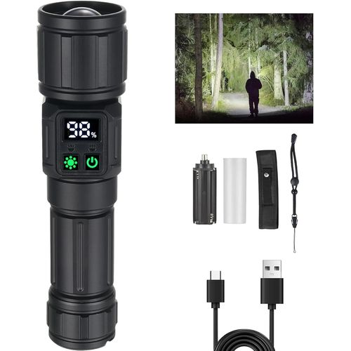 Lampe Torche Led Ultra Puissante Avec Zoom ¿ Rechargeable Usb-C 5000Mah, 9 Modes + Lumière Latérale & Affichage Batterie, Ipx4 Résistant À La Pluie Pour Chasse, Camping, Urgences