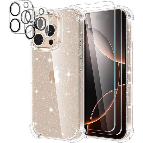 Coque Pour Iphone 16 Pro Paillettes, Avec 2 Verre Trempé Et 2 Caméra Protecteur, Étui A Paillette En Silicone Tpu Bumper Souple Transparent Glitter Mince Antichoc Housse