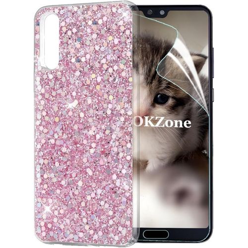 Coque Huawei P20, Mince Étui En Silicone Souple Paillette Strass Brillante Bling Bling Glitter De Luxe,Flexible Plein-Corps Tpu Bumper Housse Etui De Protection Pour Huawei P20 (Rose)