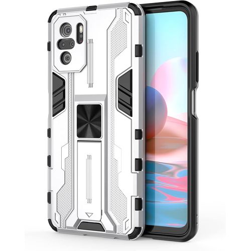Coque Pour Xiaomi Redmi Note 10s, 2 En 1 Double Couche Cover, Antichoc Coque Protectrice, Robuste Et Durable, Support Pliable, Etui Housse Pour Xiaomi Redmi Note 10s.Argent