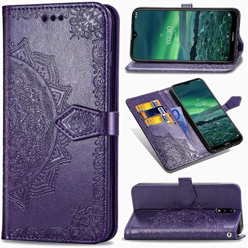Cas De Pour Nokia 2.3 6 2 Pouces Pu Cuir Housse Flip Coque Gaufrage Mandala Motif Avec Built Stand Et Fermeture Magnétique Portefeuille Étui De Protection Pourpre