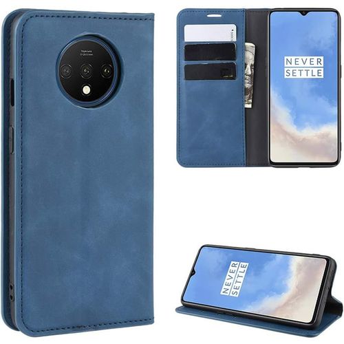 Cas De Pour Oneplus 7t 6,55 Pouces Pu Cuir Housse Flip Coque Rétro Motif Avec Built Stand Et Magnétique Auto-Adsorption Portefeuille Protection Cas, Bleu