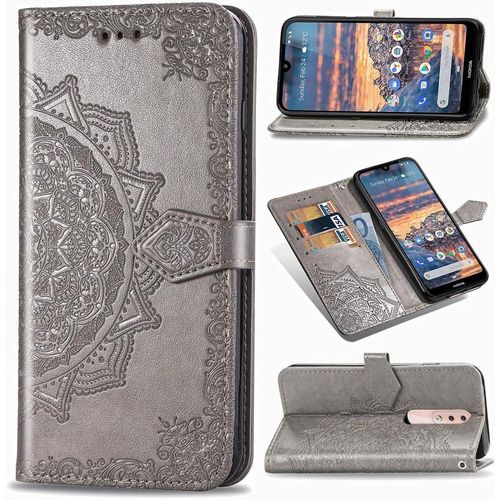 Cas De Pour Nokia 4.2 5 71 Pouces Pu Cuir Housse Flip Coque Gaufrage Mandala Motif Avec Built Stand Et Fermeture Magnétique Portefeuille Étui De Protection Gris