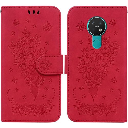 Cas De Pour Nokia 6.2/Nokia 7.2 6 3 Pouces Pu Cuir Housse Flip Coque Roseraie Motif Avec Built Stand Magnétique Fermeture Portefeuille Étui De Protection Rouge