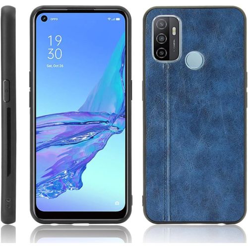 Cas De Pour Oppo A53 4g 6,5 Pouces Ultra Mince Pc Dur Coque Cuir De Vache Motif Pu Case Placage Housse Protection Bleu