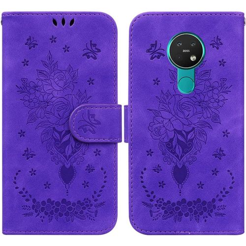 Cas De Pour Nokia 6.2/Nokia 7.2 6 3 Pouces Pu Cuir Housse Flip Coque Roseraie Motif Avec Built Stand Magnétique Fermeture Portefeuille Étui De Protection Violet