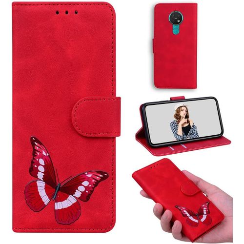 Cas De Pour Nokia 6.2/Nokia 7.2 6 3 Pouces Pu Cuir Housse Flip Coque 3d Papillon Motif Avec Built Stand Magnétique Fermeture Portefeuille Étui De Protection Rouge