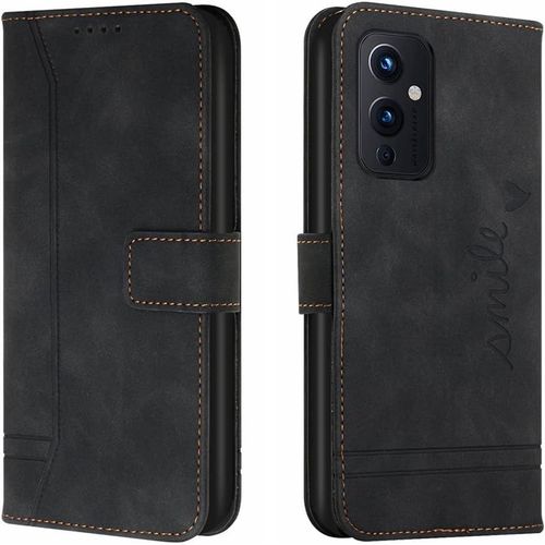 Cas De Pour Oneplus 9 6,55 Pouces Pu Cuir Housse Flip Coque Le Sourire Rétro Motif Avec Built Stand Magnétique Fermeture Portefeuille Étui De Protection Noir