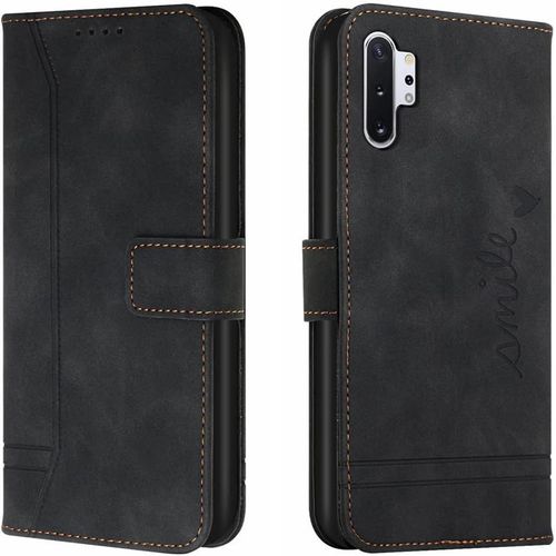 Cas De Pour Samsung Galaxy Note10+Sm N975 6 8 Pouces Pu Cuir Housse Flip Coque Le Sourire Rétro Motif Avec Built Stand Magnétique Fermeture Portefeuille Étui De Protection Noir