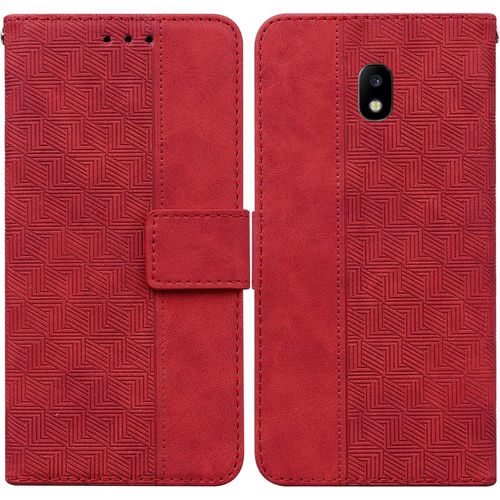 Cas De Pour Samsung Galaxy J3 2017 Sm J330 5 0 Pouces Pu Cuir Housse Flip Coque Géométrie Motif Avec Built Stand Magnétique Fermeture Portefeuille Étui De Protection Rouge