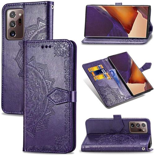 Cas De Pour Samsung Galaxy Note20 Ultra Sm-N985 6,9 Pouces Pu Cuir Housse Flip Coque Gaufrage Mandala Motif Avec Built Stand Magnétique Fermeture Portefeuille Protection Cas, Pourpre