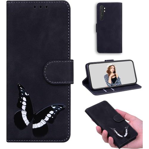 Cas De Pour Xiaomi Mi Note 10 Lite 6,47 Pouces Pu Cuir Housse Flip Coque 3d Papillon Motif Avec Built Stand Magnétique Fermeture Portefeuille Étui De Protection Noir
