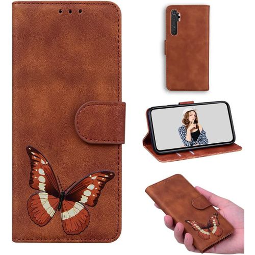 Cas De Pour Xiaomi Mi Note 10 Lite 6,47 Pouces Pu Cuir Housse Flip Coque 3d Papillon Motif Avec Built Stand Magnétique Fermeture Portefeuille Étui De Protection Marron
