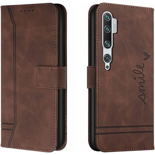 Cas De Pour Xiaomi Mi Note 10/Note 10 Pro/C9 Pro Pu Cuir Housse Flip Coque Le Sourire Rétro Motif Avec Built Stand Magnétique Fermeture Portefeuille Étui De Protection Marron