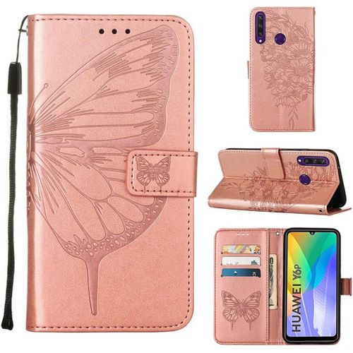 Étui Pour Huawei Y6p 2020 6 03 Pouces Pu Cuir Housse Flip Coque Papillon En Volant Motif Avec Built Stand Magnétique Fermeture Portefeuille Protection Cas Or Rose
