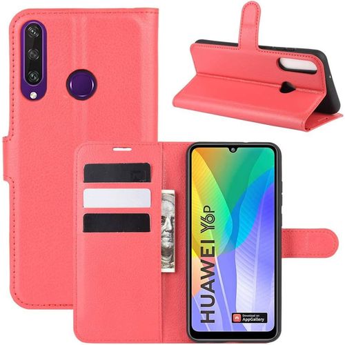 Étui Pour Huawei Y6p 6 3 Pouces Pu Cuir Housse Flip Coque Litchi Motif Avec Built Stand Et Magnétique Fermeture Carte Slot Portefeuille Shell De Protection Rouge