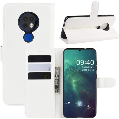 Étui Pour Nokia 6.2 6 3 Pouces Pu Cuir Housse Flip Coque Litchi Motif Avec Built Stand Et Magnétique Fermeture Carte Slot Portefeuille Shell De Protection Blanc