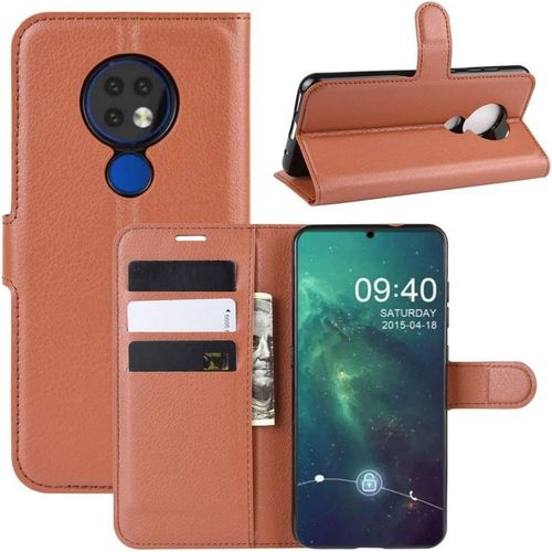 Étui Pour Nokia 6.2 6 3 Pouces Pu Cuir Housse Flip Coque Litchi Motif Avec Built Stand Et Magnétique Fermeture Carte Slot Portefeuille Shell De Protection Marron