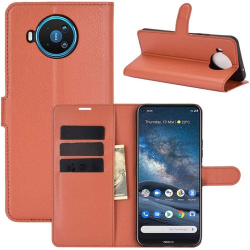Étui Pour Nokia 8.3 6 81 Pouces Pu Cuir Housse Flip Coque Litchi Motif Avec Built Stand Et Magnétique Fermeture Carte Slot Portefeuille Shell De Protection Marron