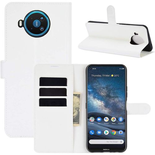 Étui Pour Nokia 8.3 6 81 Pouces Pu Cuir Housse Flip Coque Litchi Motif Avec Built Stand Et Magnétique Fermeture Carte Slot Portefeuille Shell De Protection Blanc