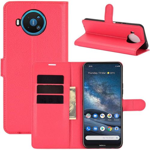 Étui Pour Nokia 8.3 6 81 Pouces Pu Cuir Housse Flip Coque Litchi Motif Avec Built Stand Et Magnétique Fermeture Carte Slot Portefeuille Shell De Protection Rouge